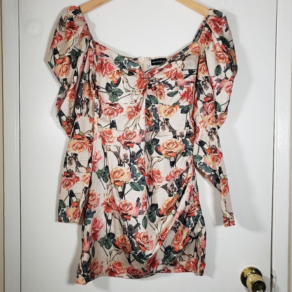 Prettylittlething Floral Rose Print Statement Long Sleeve Mini Dress Size 4